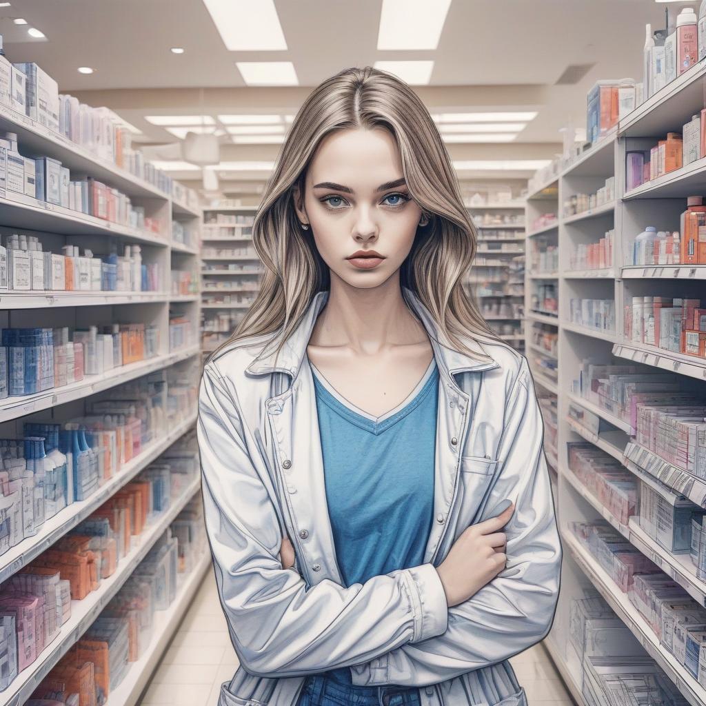  fashion editorial style drawing with a ballpoint pen on paper in the style of comics. a girl with an ordinary ball in her hands is standing in the middle of a pharmacy. . high fashion, trendy, stylish, editorial, magazine style, professional, highly detailed