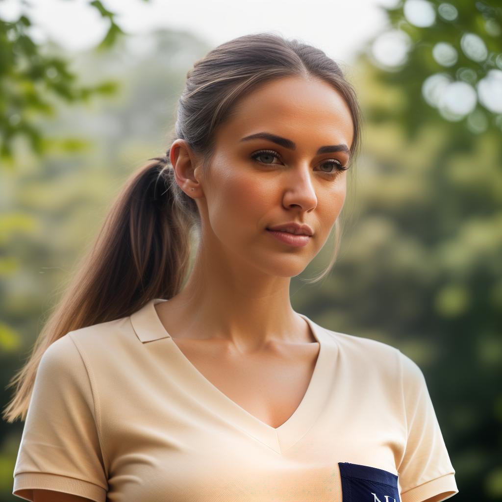  (((realistic full torso frontal head shot of a light beige to medium tan skin tone woman))), hedwig lena schneider, ((caucasian heritage)), immature face, hazel eye color, ((ponytail hair style)), ((black hair color)), ((athletic body type)), medium size, size, (immature straight slender nose), (immature angular jawline), (immature medium lips), (immature prominent forehead), (immature perfect symmetry), (immature thin eyebrows), (immature pointed chin), standing straight looking directly into the camera,((wearing fitted polo shirt with deep v neck and monogrammed pocket)), backyard in background, 1girl, best quality, highest quality, award winning photo, masterpiece, raw, professional photography, photorealism, sharp hyperrealistic, full body, detailed clothing, highly detailed, cinematic lighting, stunningly beautiful, intricate, sharp focus, f/1. 8, 85mm, (centered image composition), (professionally color graded), ((bright soft diffused light)), volumetric fog, trending on instagram, trending on tumblr, HDR 4K, 8K