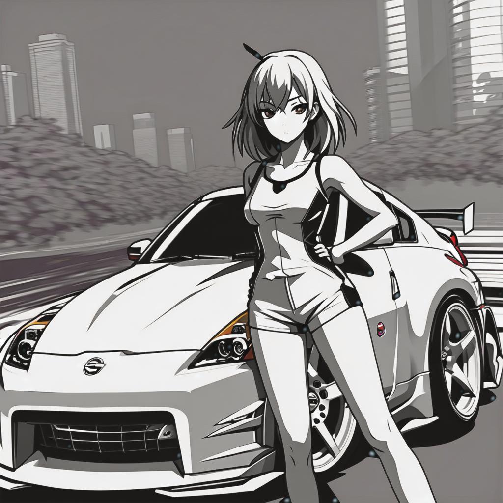  line art drawing girl and nissan 350z, same nightmare. anime style . professional, sleek, modern, minimalist, graphic, line art, vector graphics