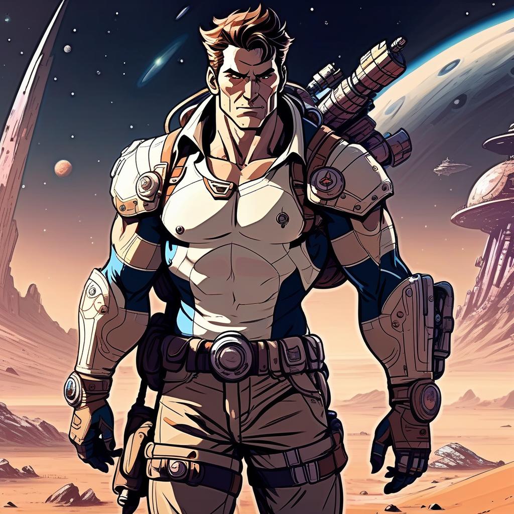  draw a male character of a man in years, a strong build, the character lives on a distant colonized planet, a tracker