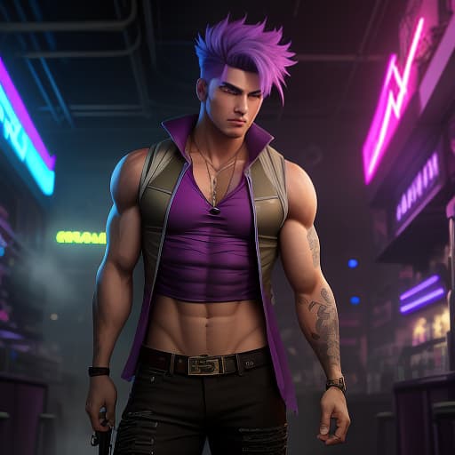  A man from the Vixens cartoon, Riven has magenta colored hair neatly combed back and up in an unusual hairstyle. His specialized eyes are blue purple. This guy isn't afraid to show off his muscular body, often wearing clothing with short sleeves. Riven's outfit at Fruity Music Bar consists of a khaki colored sleeveless shirt and dark gray brown shorts with pockets. hyperrealistic, full body, detailed clothing, highly detailed, cinematic lighting, stunningly beautiful, intricate, sharp focus, f/1. 8, 85mm, (centered image composition), (professionally color graded), ((bright soft diffused light)), volumetric fog, trending on instagram, trending on tumblr, HDR 4K, 8K