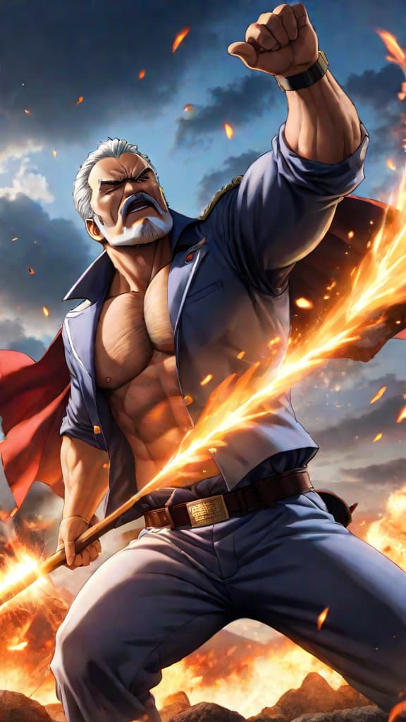  anime art: garp's heart breaks as akainu strikes ace during the battle of marineford. hyperrealistic, full body, detailed clothing, highly detailed, cinematic lighting, stunningly beautiful, intricate, sharp focus, f/1. 8, 85mm, (centered image composition), (professionally color graded), ((bright soft diffused light)), volumetric fog, trending on instagram, trending on tumblr, HDR 4K, 8K