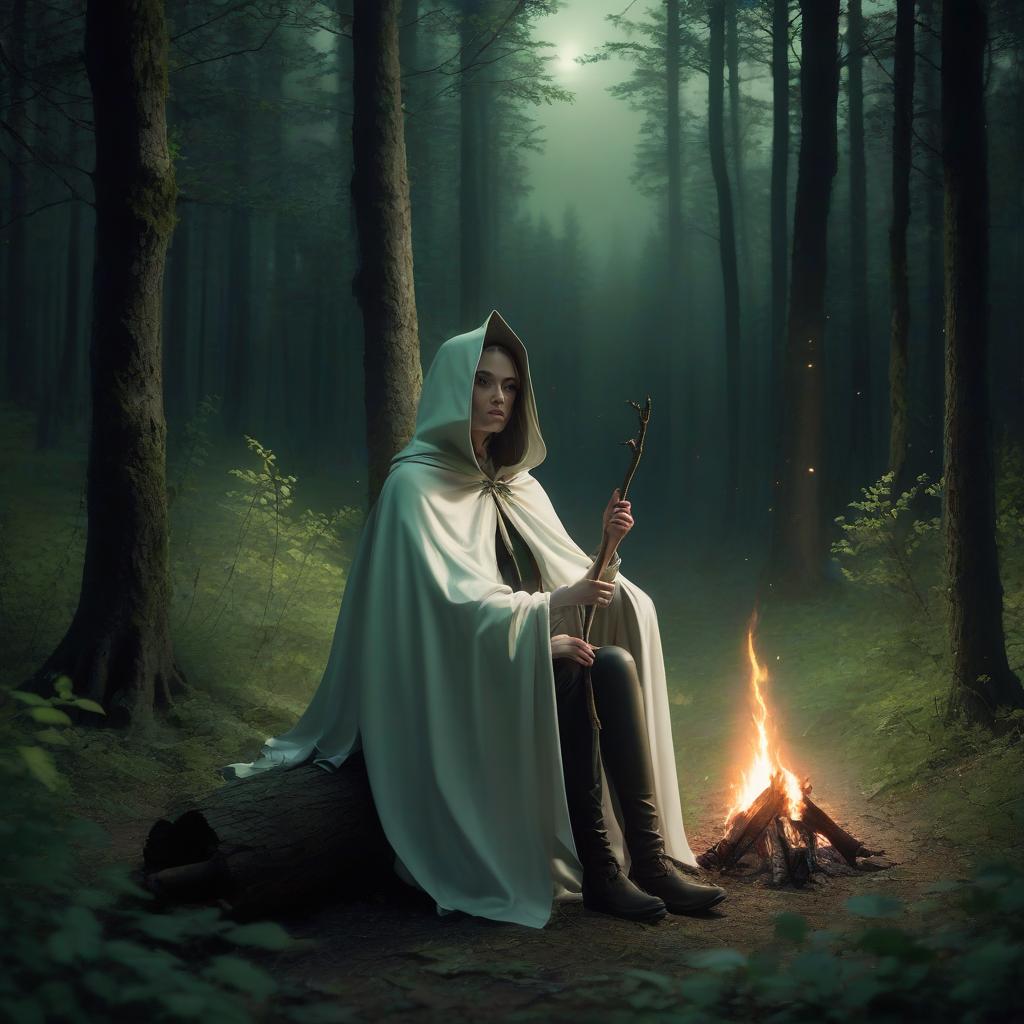  sage sitting in a white cape with a stick by the fire in the forest at night with trees with green foliage