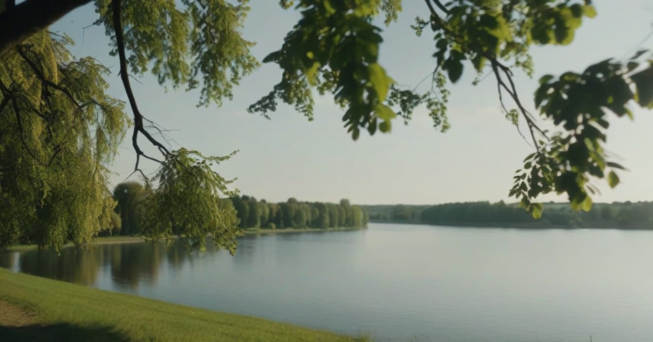  cinematic photo realistic landscape on a hill, a metropolis in the distance, a linden tree on the left and a linden tree on the right, a sunny summer day, a wide angle camera, a park, a lake reflects trees, cinematic, a view from the bottom up . 35mm photograph, film, bokeh, professional, 4k, highly detailed