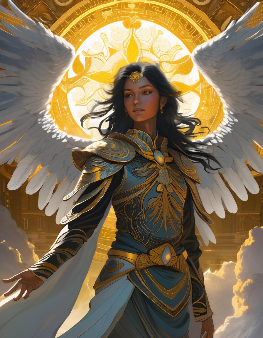  divine being with black hair and short style, standing with confidence, looking majestic, eyes glowing with divine light, break divine being with massive wings, in a celestial realm, golden halo, celestial pillars, radiant clouds, divine artifacts, break serene and ethereal atmosphere, radiant light emanating from the character, glow around the wings,