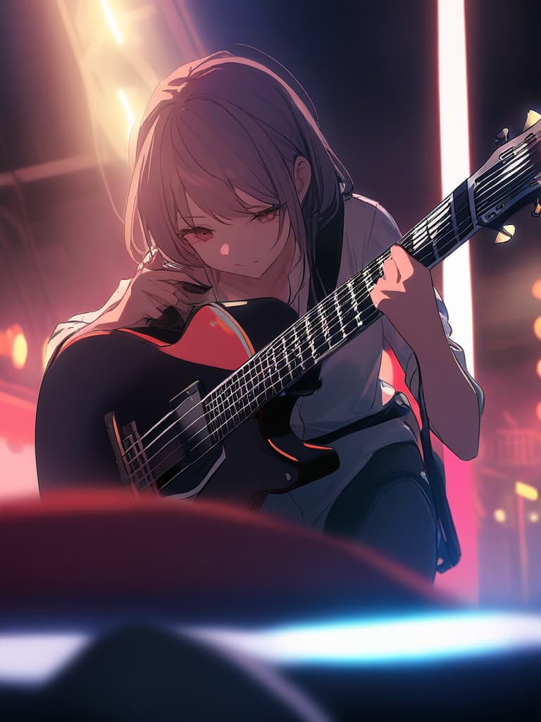  (girl){rock band,playing (((playing electric guitar:1.8))) close up,live music venue (background blur effect)}super detail,high resolution,absurd,employed,