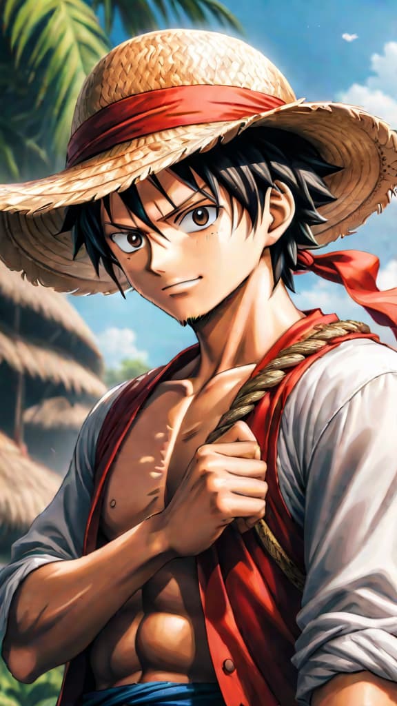  anime art: luffy receiving the iconic straw hat from shanks, symbolizing hope and a promise in "one piece". hyperrealistic, full body, detailed clothing, highly detailed, cinematic lighting, stunningly beautiful, intricate, sharp focus, f/1. 8, 85mm, (centered image composition), (professionally color graded), ((bright soft diffused light)), volumetric fog, trending on instagram, trending on tumblr, HDR 4K, 8K