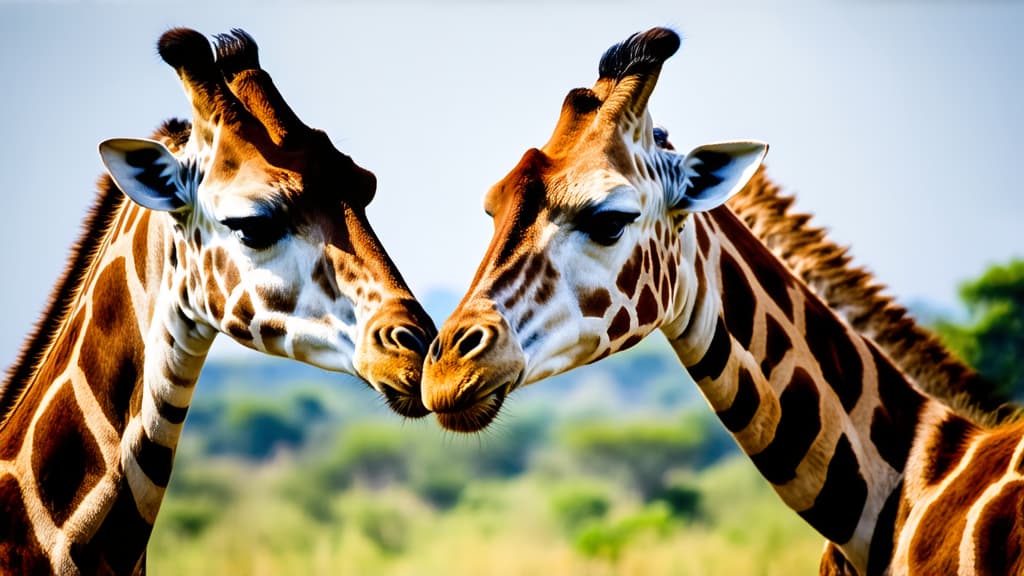  professional detailed photography, portrait of two giraffes next to each other loving ar 16:9, (muted colors, dim colors, soothing tones), (vsco:0.3)