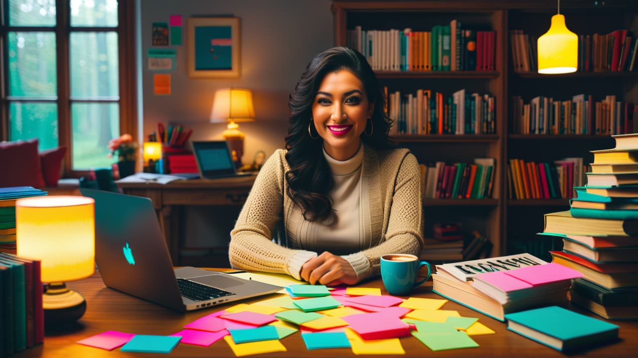  a cozy home office with a laptop open to a tutoring platform, colorful sticky notes scattered, a steaming cup of coffee, and a cheerful student on a video call, surrounded by books and stationery. hyperrealistic, full body, detailed clothing, highly detailed, cinematic lighting, stunningly beautiful, intricate, sharp focus, f/1. 8, 85mm, (centered image composition), (professionally color graded), ((bright soft diffused light)), volumetric fog, trending on instagram, trending on tumblr, HDR 4K, 8K