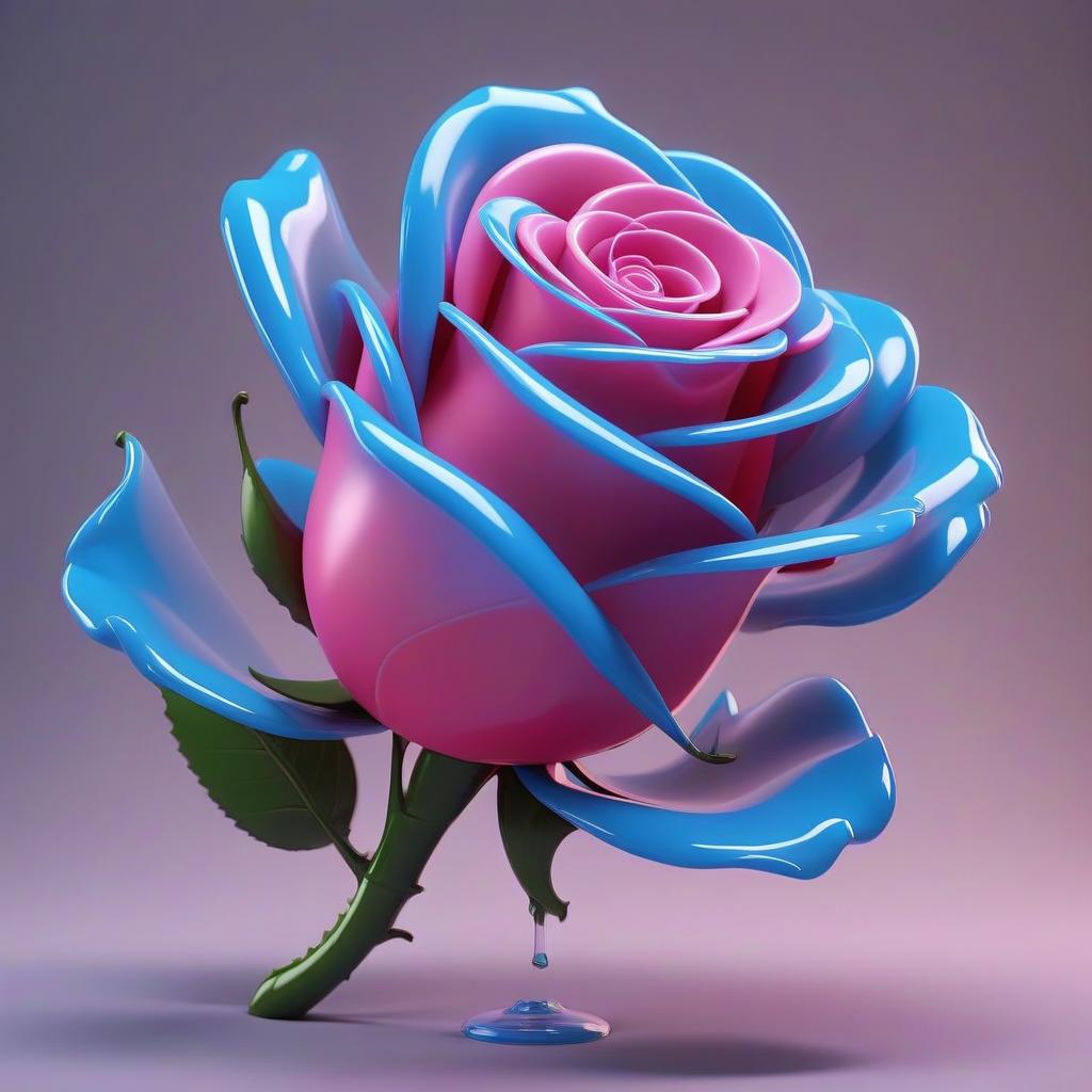  create an abstract 3d model of a rose bud without a stem. use glass as the main material. petals should have many bright highlights of blue and pink neon color. around the bud in the air should fly drops of fuzzy shape. the background must be black. near the rose should be an abstract water ring cloud, creating a levitation effect. lighting: bright neon. style 3d character