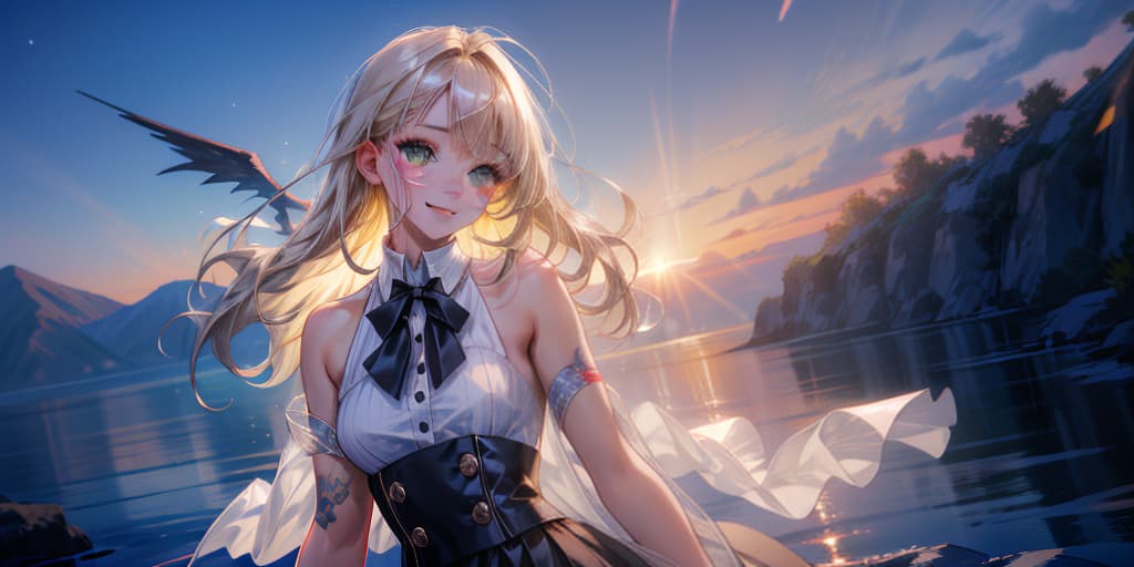  <lora:silhouette:1>, silhouette, solo, cloudy sky, beautiful sunset, stunning background, (upper body:1.2), highly detailed, masterpiece, best quality, solo, pale, thin, shy dark yellow eyes, blonde long curvy hair, faint scars, thigh high heels, skirt, demon wings, tattoos, envious, crazy smile, throne