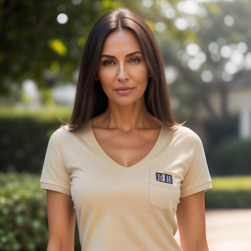  (((realistic full torso frontal head shot of a light beige to medium tan skin tone woman))), gertrud lucy jung, ((caucasian heritage)), mature face, blue eye color, ((straight hair style)), ((black hair color)), (( body type)), flat size, small size, (mature slightly upturned nose), (mature high cheekbones), (mature defined jawline), (mature full lips), (mature broad forehead), (mature symmetrical face), (mature arched eyebrows), standing straight looking directly into the camera,((wearing fitted polo shirt with deep v neck and monogrammed pocket)), backyard in background, 1girl, best quality, highest quality, award winning photo, masterpiece, raw, professional photography, photorealism, sharp focus, cinematic, high r hyperrealistic, full body, detailed clothing, highly detailed, cinematic lighting, stunningly beautiful, intricate, sharp focus, f/1. 8, 85mm, (centered image composition), (professionally color graded), ((bright soft diffused light)), volumetric fog, trending on instagram, trending on tumblr, HDR 4K, 8K