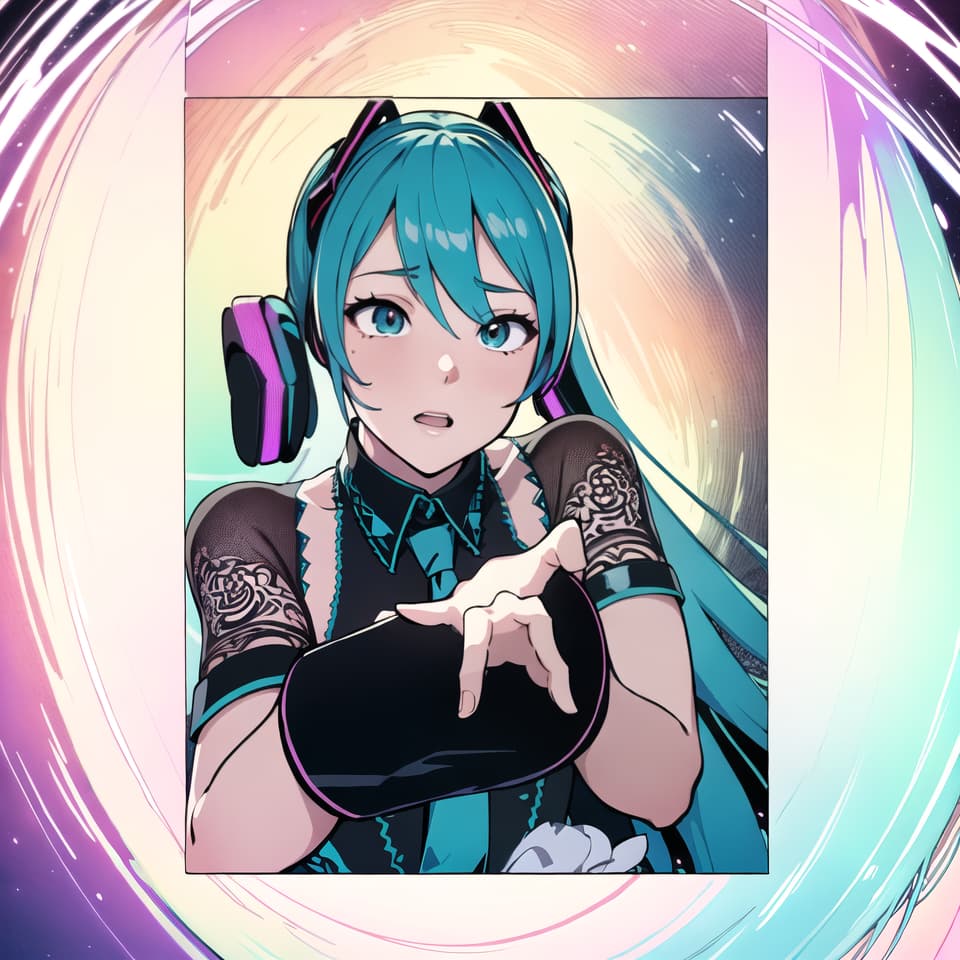  (masterpiece, best quality, highres:1.2), (intricate and beautiful:1.2), (detailed light:1.2), (colorful, dynamic angle), upper body shot, fashion photography of cute, intense long hair, (hatsune miku), dancing pose, flirting with pov, dynamic pose, soft moonlight passing through hair, (abstract colorful art background:1.3), (official art), (cinematic)