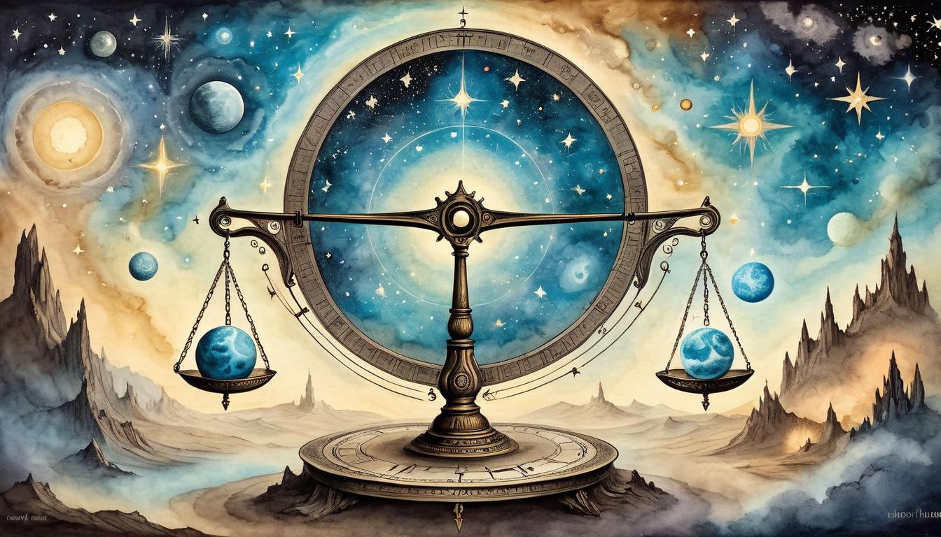  on parchment, surrealism+++, a celestial balance scale, glowing with ethereal light, cosmic background filled with stars and nebulae, equilibrium, divine justice(mysterious, provocative, symbolic,muted color)+++