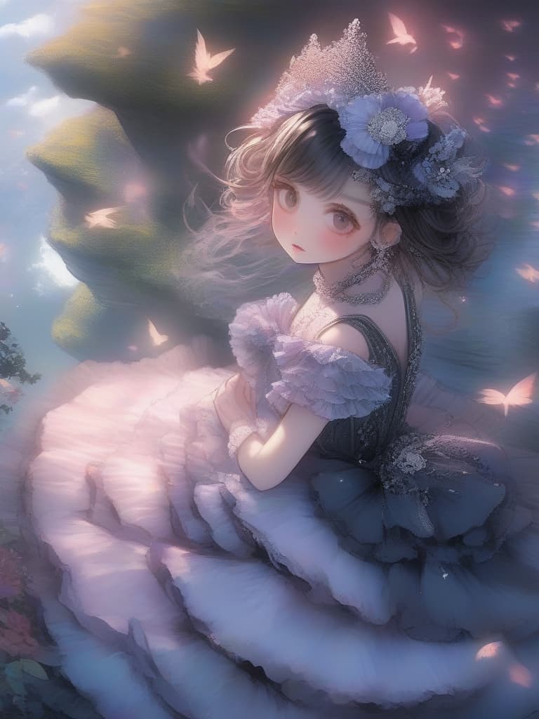  detailed,vivid colors,rough forest background,(masterpiece,hyper quality 1 5),ultra detailed,highlight eyes,detailed face,looking,scenery,master piece,best quality,ultra detailed,high resolution,8k,a ballerina,ballerina clothes,cute dollike girls,a sea of clouds illuminated by moonlight,dark forest world,magical animals,charming girls,gothic lolita,100 tiered ruffle,dark gradient,black swan