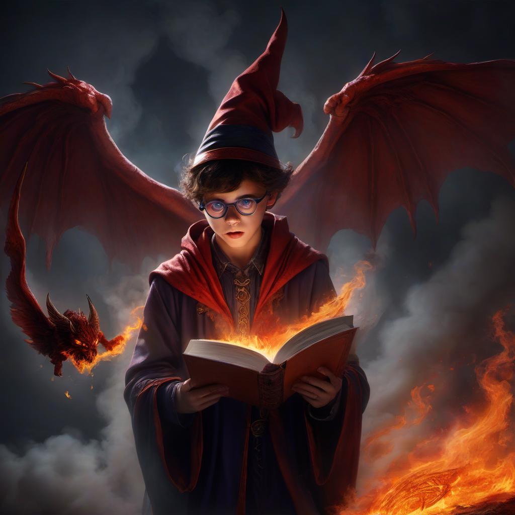  a young wizard calls from the portal a fiery demon with wings glasses and a book in his hands