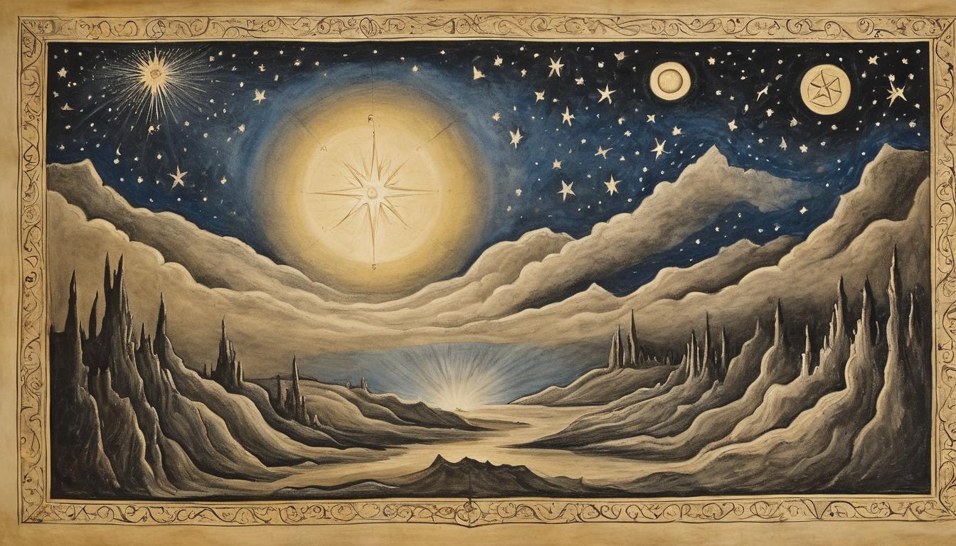  on parchment, surrealism++, bright guiding star, dark night sky, celestial rays radiating, constant light, unwavering, divine guidance(mysterious, provocative, symbolic)++