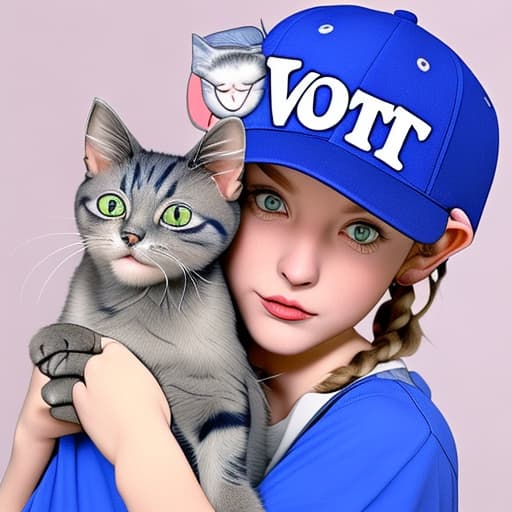  Show me a picture of a cat wearing a blue baseball hat that says Don’t Vote Weird