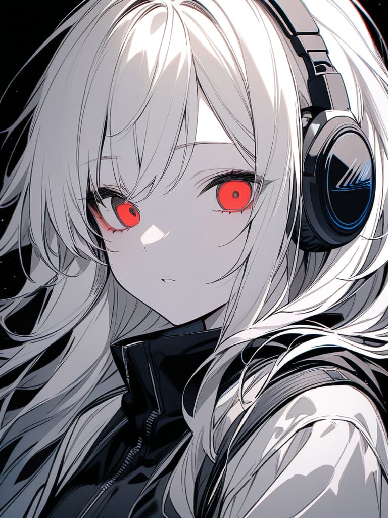  her headphones, long hair, cool, cool, women, monochrome, red and blue flowers, right eyes are blue, left eyes are red, odd eye, masterpiece, best quality,8k,ultra detailed,high resolution,an extremely delicate and beautiful,hyper detail