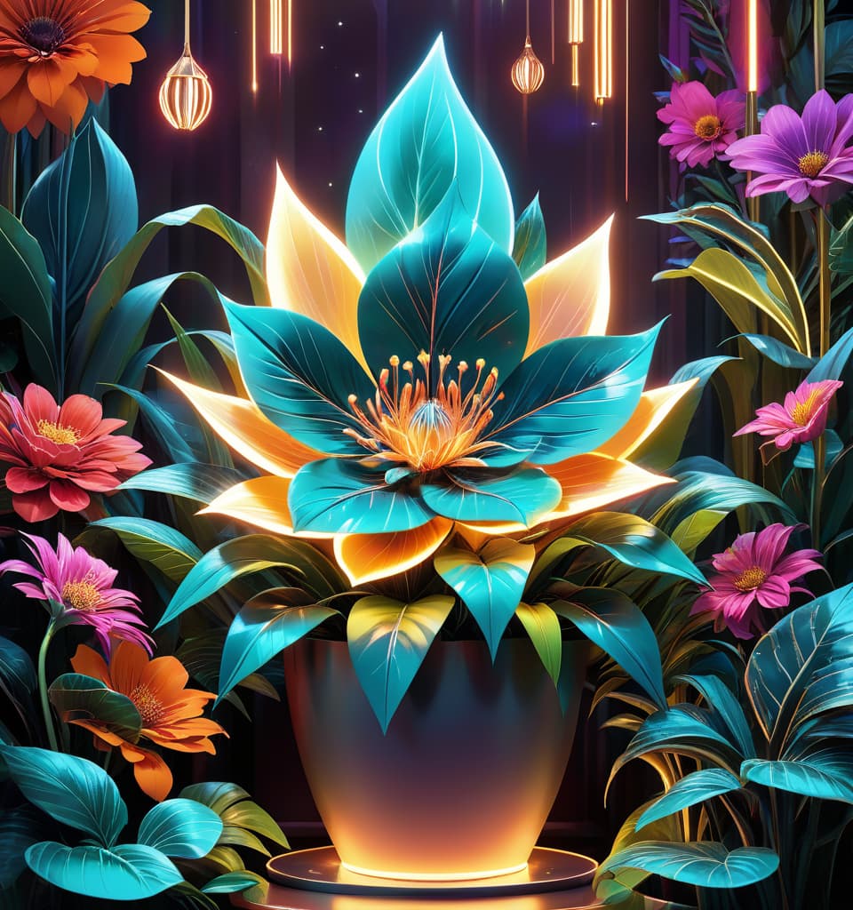  art deco style a bizarre and magical illustration of a flower with a humanoid face growing in a flower pot surrounded by bright flowers and plants, concept art by tadahiro uesugi, intricate details, fantasy elements, soft lighting. . geometric shapes, bold colors, luxurious, elegant, decorative, symmetrical, ornate, detailed, hkmagic, glowneon