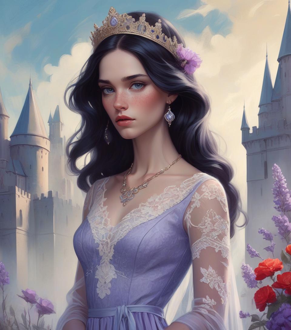  concept art beautiful freckled queen goddess with long wavy black hair, delicate features, pale skin, red cheeks, natural makeup, wearing a lavender dress with lace embroidered flowers, intricate stunning highly detailed girl by artgerm and edouard bisson, highly detailed oil painting, portrait of a beautiful person, art by stanley artgerm, charlie bowater, atey ghailan and mike mignola, silver jewelry, princess, goddess, high quality background, fantasy character concept art, blue sky and castle wall background, prin . digital artwork, illustrative, painterly, matte painting, highly detailed