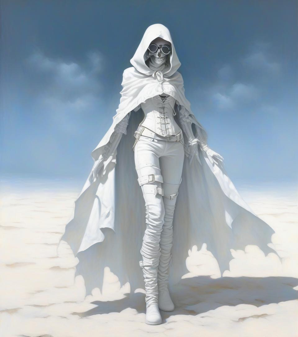  macabre style fantasy. a very thin girl with a realistic face in glasses with white round lenses, in a white handkerchief covering her face, in a leather white openwork corset, in leather pants, with a wide white garter in the form of a white belt and a buckle in the middle of her right thigh, in white wristbands, in white gloves, in a leaky openwork cloak. . dark, gothic, grim, haunting, highly detailed, hkmagic, oil painting