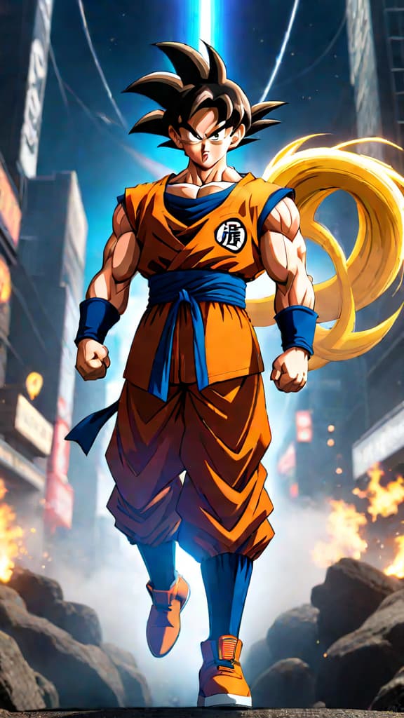  create an anime art of goku from dragon ball z folding space time like a piece of paper. hyperrealistic, full body, detailed clothing, highly detailed, cinematic lighting, stunningly beautiful, intricate, sharp focus, f/1. 8, 85mm, (centered image composition), (professionally color graded), ((bright soft diffused light)), volumetric fog, trending on instagram, trending on tumblr, HDR 4K, 8K