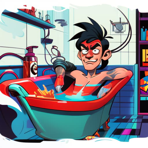  Multicolor animation style, caricature, funny man, bathing in a red bathtub, in a bath., Indie game art, (Vector Art, Borderlands style, Arcane style, Cartoon style), Line art, Disctinct features, Hand drawn, Technical illustration, Graphic design, Vector graphics, High contrast, Precision artwork, Linear compositions, Scalable artwork, Digital art, cinematic sensual, Sharp focus, humorous illustration, big depth of field, Masterpiece, trending on artstation, Vivid colors, trending on ArtStation, trending on CGSociety, Intricate, Low Detail, dramatic hyperrealistic, full body, detailed clothing, highly detailed, cinematic lighting, stunningly beautiful, intricate, sharp focus, f/1. 8, 85mm, (centered image composition), (professionally color graded), ((bright soft diffused light)), volumetric fog, trending on instagram, trending on tumblr, HDR 4K, 8K