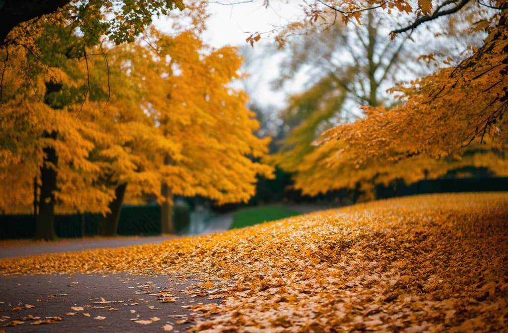  professional detailed photography, idyllic scene with yellow fallen leaves in an autumn park. ar 3:2, (muted colors, dim colors, soothing tones), (vsco:0.3)