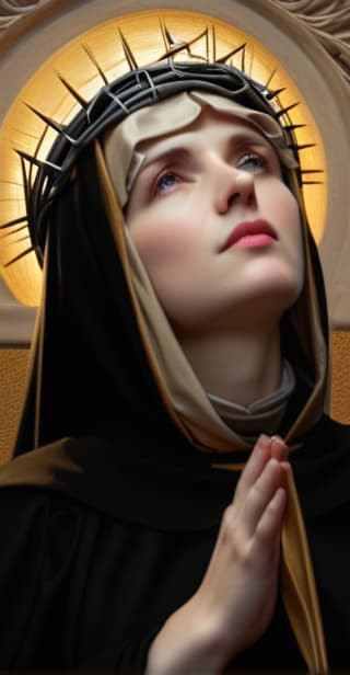  st. catherine of siena gazing lovingly towards heaven she has a halo around her head and a crown of thorns. photo realistic, highly intricate and detailed, masterpiece, ultra high res,photography,8k resolution