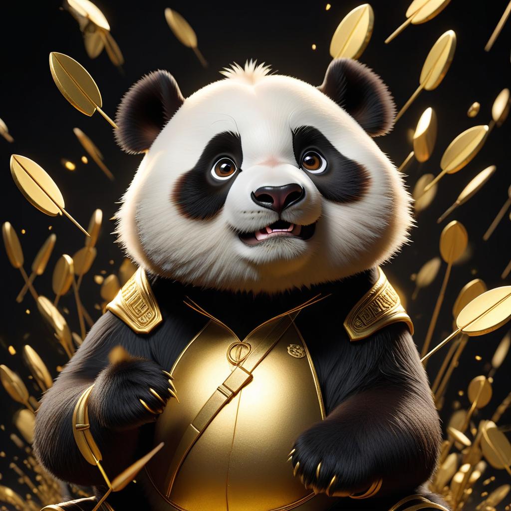  create a golden colored picture in the center of a cartoon brutal panda on the side with up and down arrows on a black background with m dollars hyperrealistic, full body, detailed clothing, highly detailed, cinematic lighting, stunningly beautiful, intricate, sharp focus, f/1. 8, 85mm, (centered image composition), (professionally color graded), ((bright soft diffused light)), volumetric fog, trending on instagram, trending on tumblr, HDR 4K, 8K