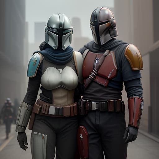  a mandalorian man and a girl stand next to him, hugging., shot 35 mm, realism, octane render, 8k, trending on artstation, 35 mm camera, unreal engine, hyper detailed, photo realistic maximum detail, volumetric light, realistic matte painting, hyper photorealistic, trending on artstation, ultra detailed, realistic