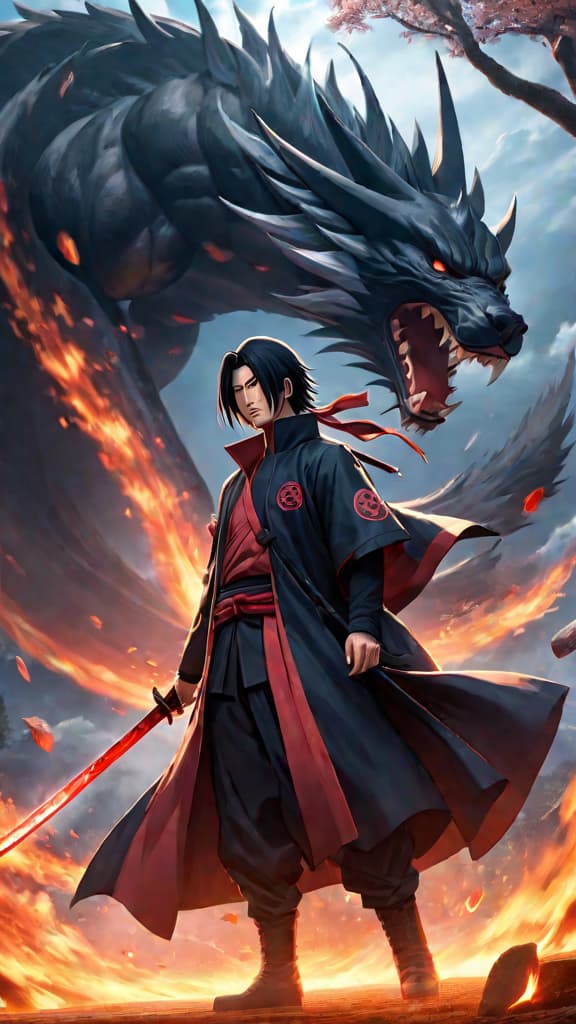  anime art: itachi uchiha with fully mastered susanoo, wielding totsuka blade and yata mirror. hyperrealistic, full body, detailed clothing, highly detailed, cinematic lighting, stunningly beautiful, intricate, sharp focus, f/1. 8, 85mm, (centered image composition), (professionally color graded), ((bright soft diffused light)), volumetric fog, trending on instagram, trending on tumblr, HDR 4K, 8K