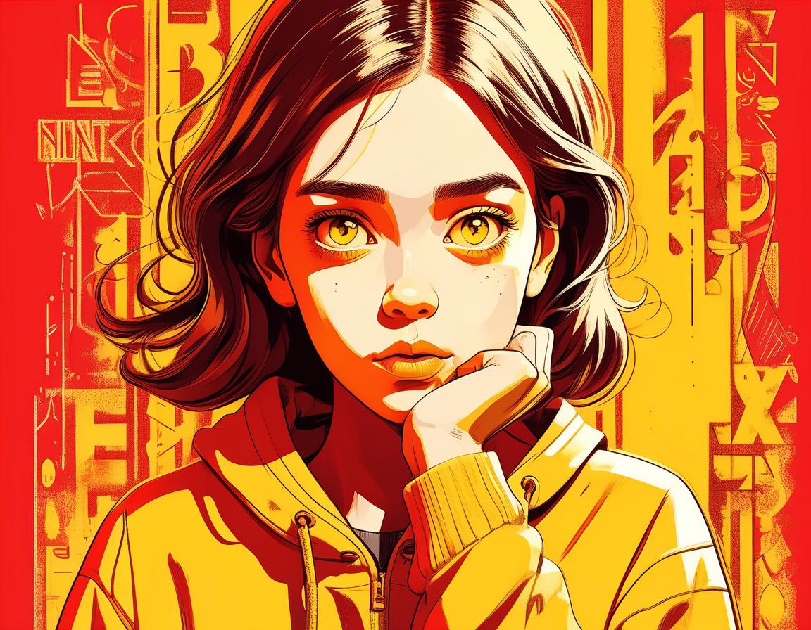  typographic art the girl has a thoughtful surprised face, she stands on a red background in yellow clothes, girl illustration sketch sketch . stylized, intricate, detailed, artistic, text based