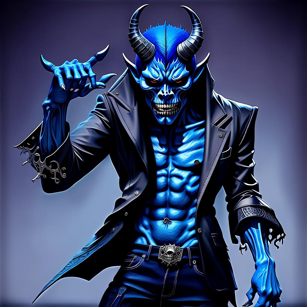  macabre style blue demon with broken horns in a jacket with a giant right sleeve . dark, gothic, grim, haunting, highly detailed, perfecteyes, perfect hands