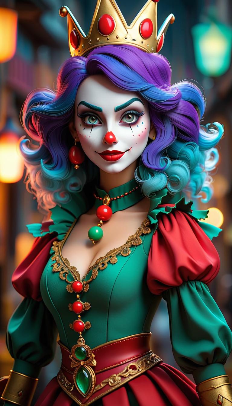  professional 3d model of a sinister girl jester in a dark carnival. dark, mysterious, scary, haunting, dramatic, ornate, detailed. . rendered with octane, the model is highly detailed,dramatic lighting. hyperrealistic, full body, detailed clothing, highly detailed, cinematic lighting, stunningly beautiful, intricate, sharp focus, f/1. 8, 85mm, (centered image composition), (professionally color graded), ((bright soft diffused light)), volumetric fog, trending on instagram, trending on tumblr, HDR 4K, 8K