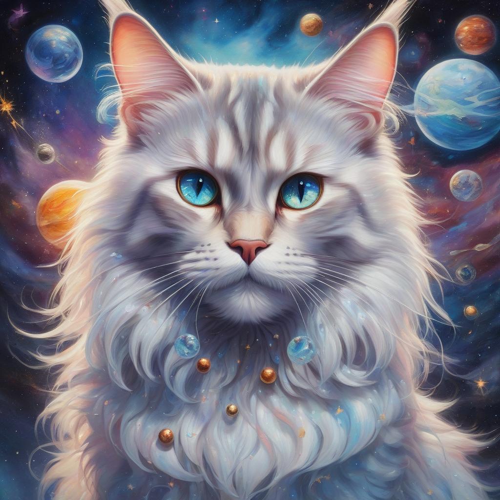  watercolor painting (masterpiece, photorealism, surrealism art:1. 3), holographic scene, snow white maine coon cat, piercing bright eyes, parade of planets floating overhead, intricate details on each planet, rings and moons visible, surreal atmosphere, splash art style, sparkle and glow effects, hallucinatory elements, high resolution, best quality, dreamy environment, vivid colors, space background, swirling stars and galaxies, unearthly glow, mesmerizing and otherworldly, detailed and realistic textures, mesmerizing and enchanting composition. . vibrant, beautiful, painterly, detailed, textural, artistic