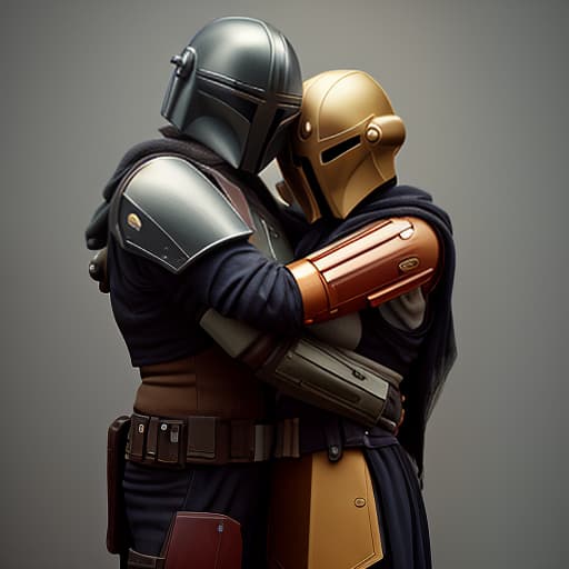  a mandalorian man and a girl stand next to him, hugging., photorealistic, hyperrealistic, hyperdetailed, analog style, demure, detailed skin, pores, smirk, smiling eyes, matte skin, soft lighting, subsurface scattering, realistic, heavy shadow, masterpiece, best quality, ultra realistic, 8k, golden ratio, intricate, high detail, film photography, soft focus