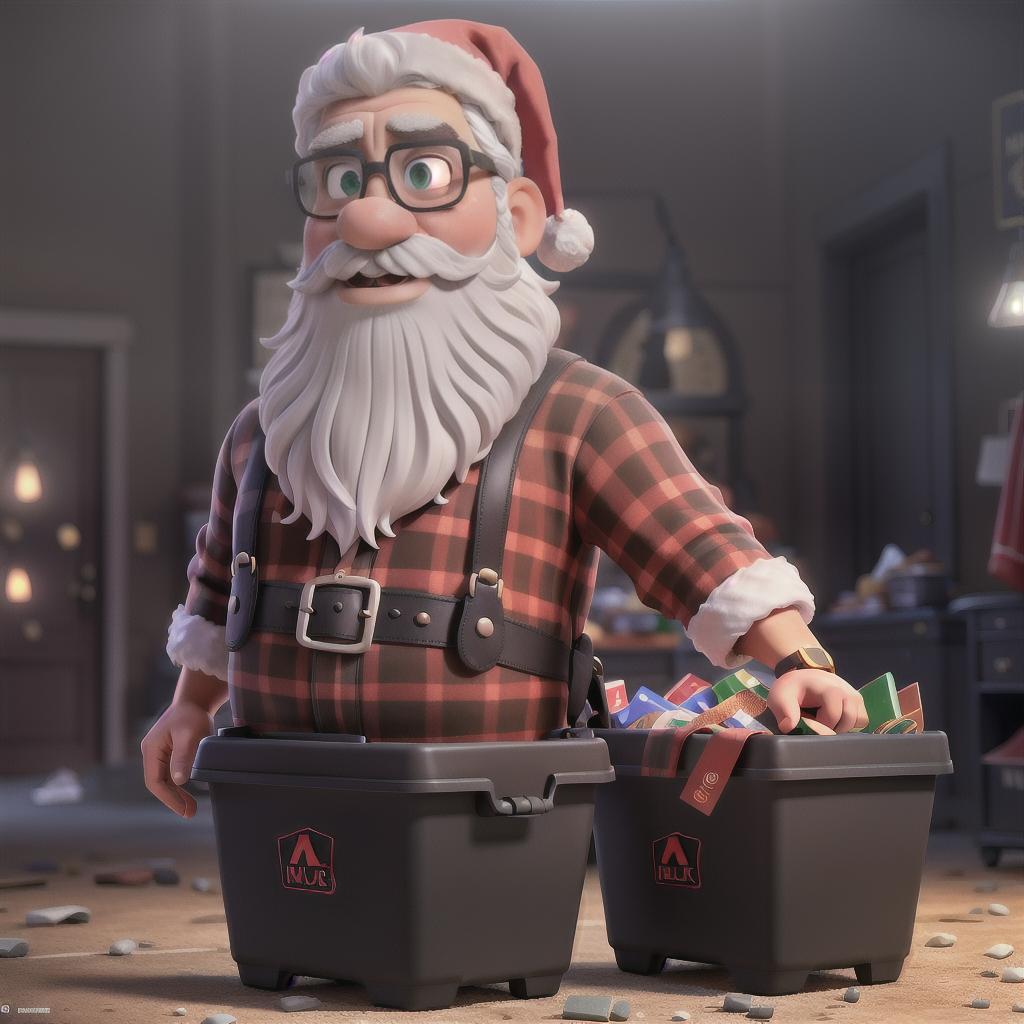  a santa claus with a black mustache and glasses, a landfill, trash cans hyperrealistic, full body, detailed clothing, highly detailed, cinematic lighting, stunningly beautiful, intricate, sharp focus, f/1. 8, 85mm, (centered image composition), (professionally color graded), ((bright soft diffused light)), volumetric fog, trending on instagram, trending on tumblr, HDR 4K, 8K