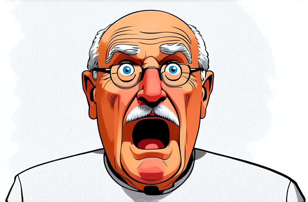  shocked surprised caucasian senior man isolated on white background, close up, funny cartoon illustration ar 3:2 {prompt}, maximum details