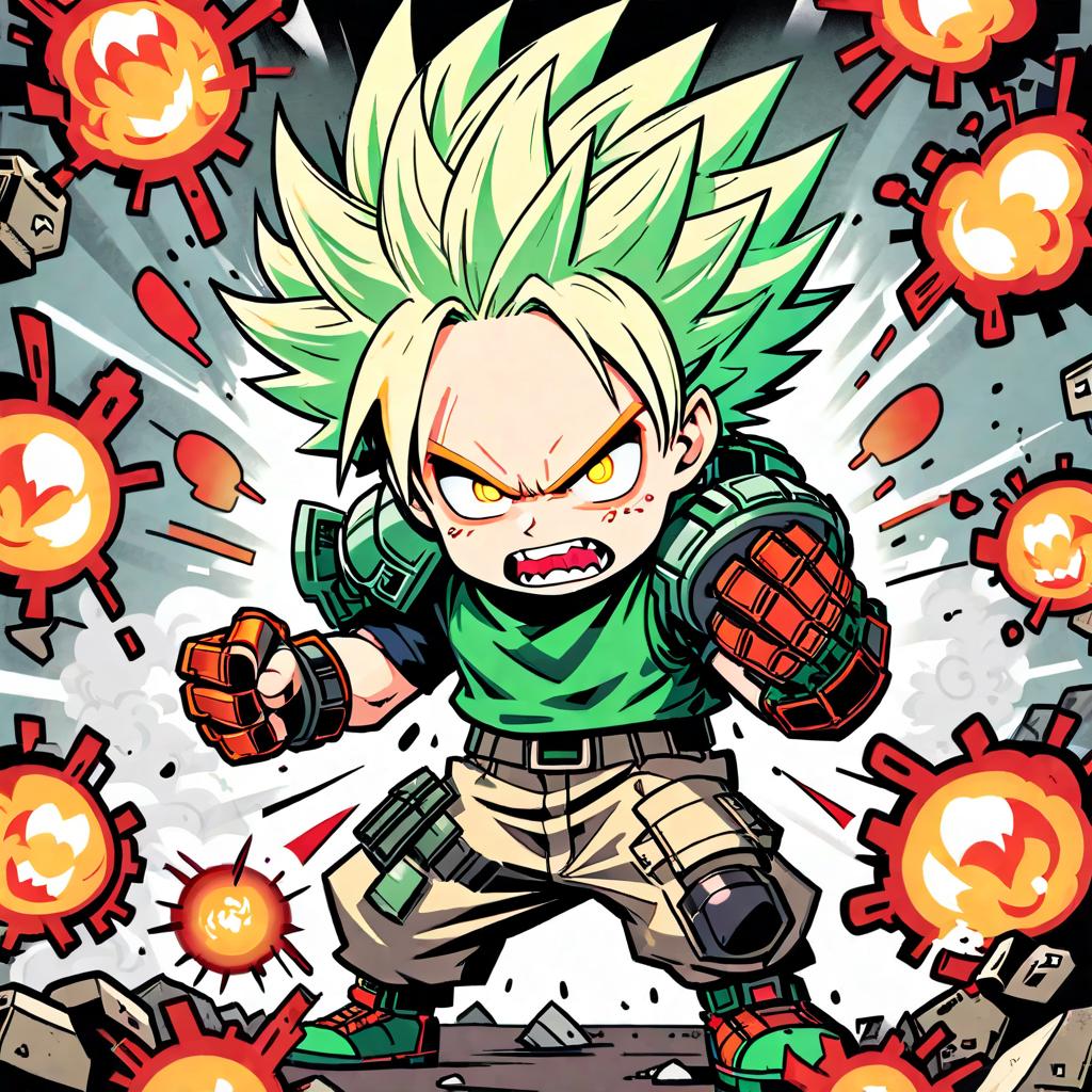  manga artwork illustrate a chibi katsuki bakugo with his grenade gauntlet comically oversized and about to burst, looking both worried and determined, for tshirt design. manga artist. manga, highly emotional. best quality, high resolution