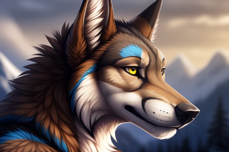  By xenoforge, by Clyde wolf, absurd res, detailed, anthro, canid, coyote, brown body, brown fur, blue fur, yellow eyes,, open eyes, digital art, masterpiece, 4k, fine details,