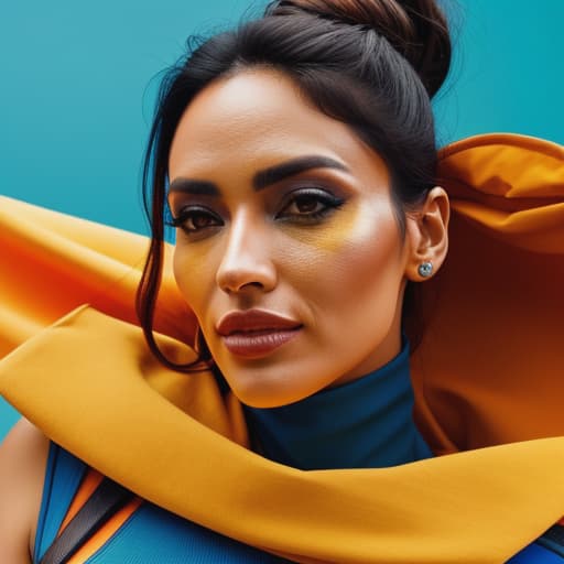  A woman's face with a blue and orange background and a yellow and orange background hyperrealistic, full body, detailed clothing, highly detailed, cinematic lighting, stunningly beautiful, intricate, sharp focus, f/1. 8, 85mm, (centered image composition), (professionally color graded), ((bright soft diffused light)), volumetric fog, trending on instagram, trending on tumblr, HDR 4K, 8K