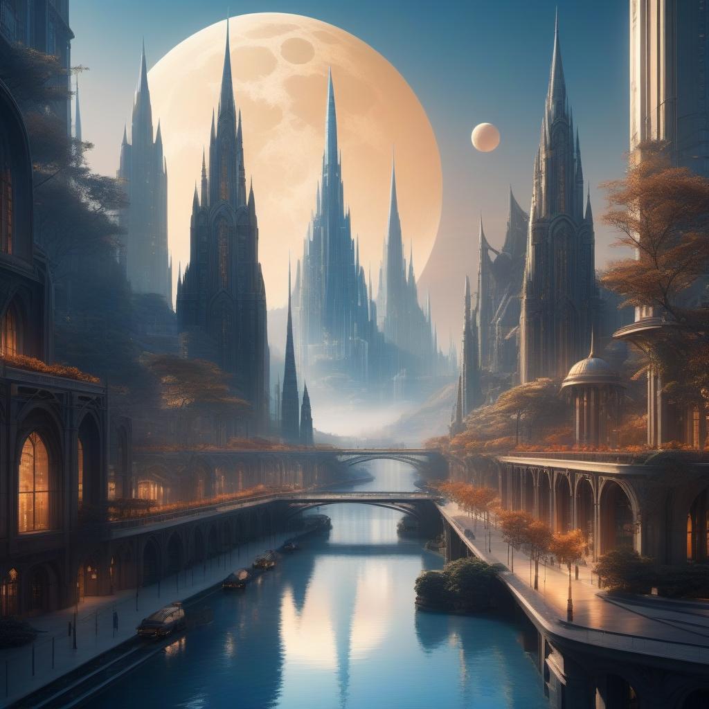  futuristic city with tall spires and bridges between buildings on another planet with 3 moons. Muted color palette with blues golds and ambers.