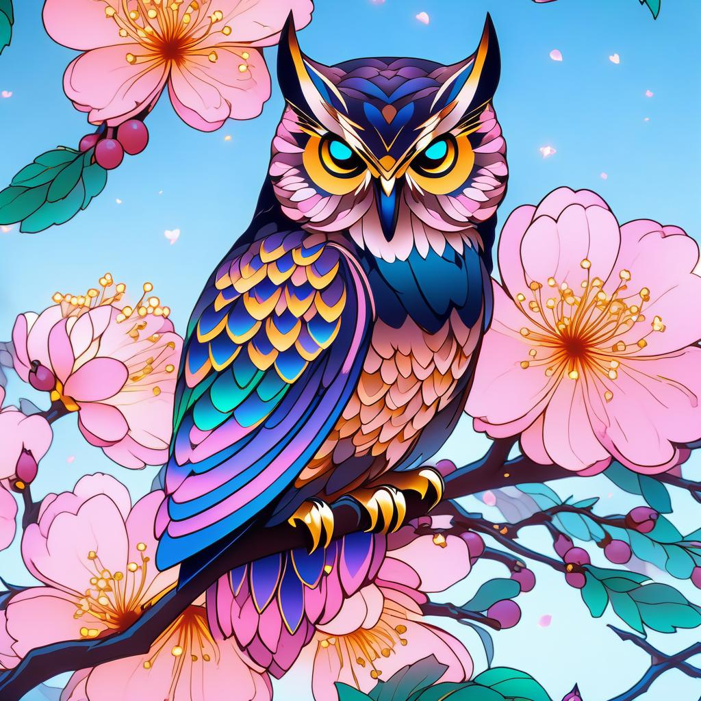  gothic style ((an owl sits surrounded by large cherry blossoms)) . (colours):pink, white pink, gold, green, light green, dark green, blue, dark purple, black. (style):fantasy, fairy tale, cartoon, gothic, tranquility, wisdom, mystery, mystery. . dark, mysterious, haunting, dramatic, ornate, detailed, civitai, hkmagic hyperrealistic, full body, detailed clothing, highly detailed, cinematic lighting, stunningly beautiful, intricate, sharp focus, f/1. 8, 85mm, (centered image composition), (professionally color graded), ((bright soft diffused light)), volumetric fog, trending on instagram, trending on tumblr, HDR 4K, 8K