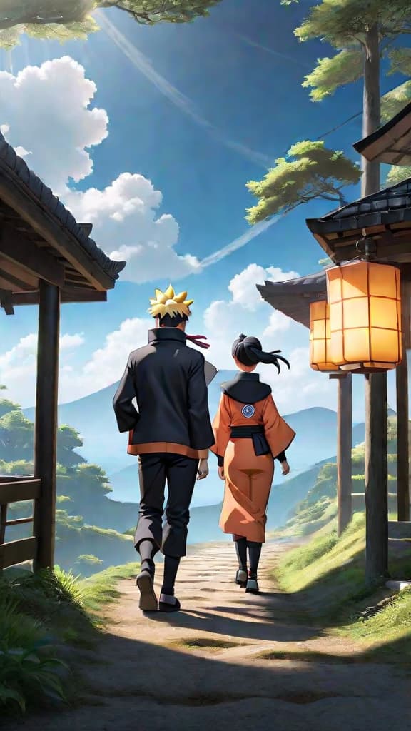  boruto and young naruto from naruto anime walking through hidden leaf village, boruto sharing stories of his era, anime art hyperrealistic, full body, detailed clothing, highly detailed, cinematic lighting, stunningly beautiful, intricate, sharp focus, f/1. 8, 85mm, (centered image composition), (professionally color graded), ((bright soft diffused light)), volumetric fog, trending on instagram, trending on tumblr, HDR 4K, 8K