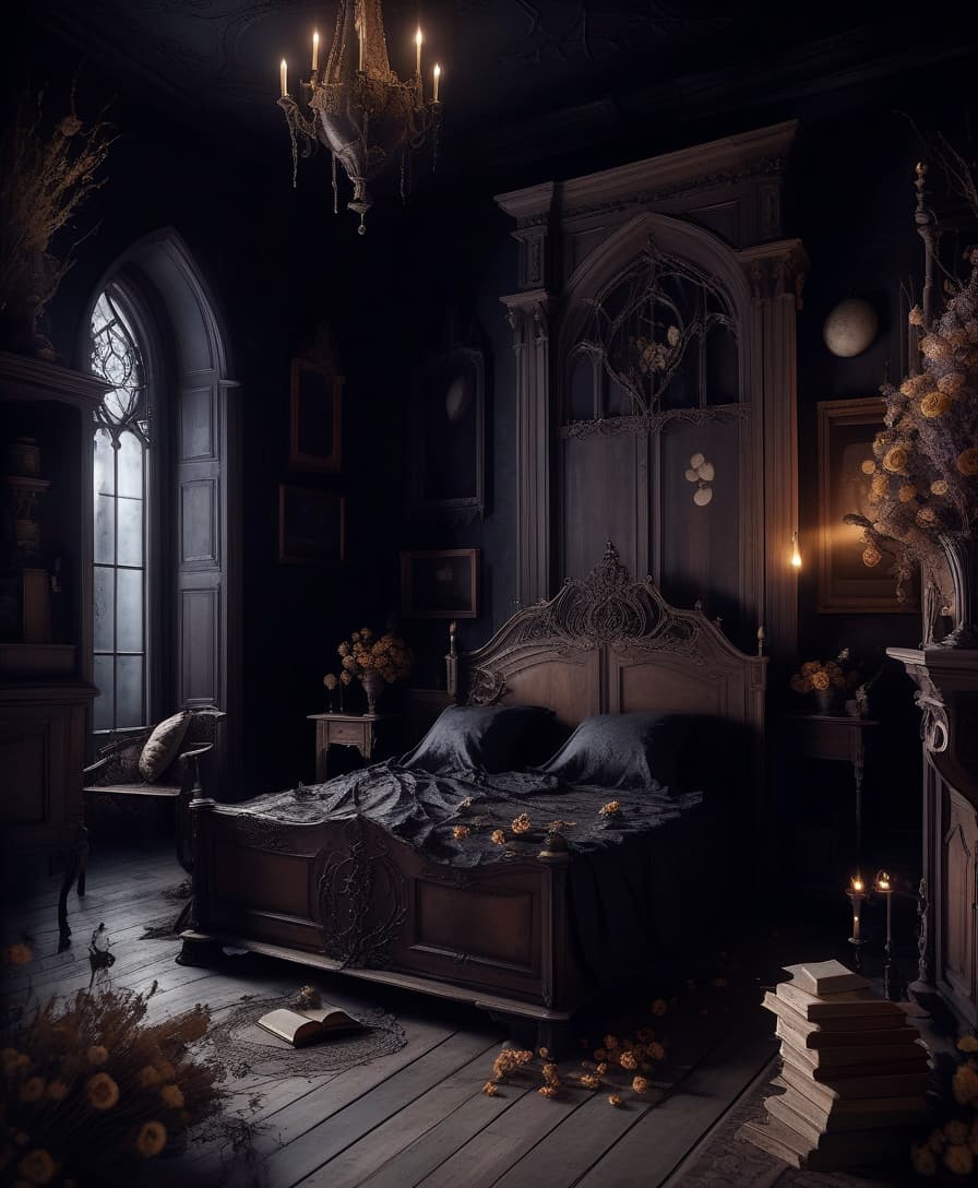  gothic style the dark room. wooden furniture in classic style. dried flowers. old books. burns. web and dust. no lighting. the moon's outside. bed . dark, mysterious, haunting, dramatic, ornate, detailed