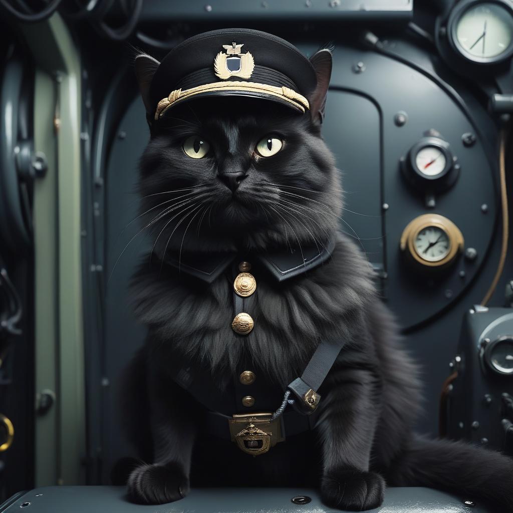  a furry black cat in the style of a german captain from the second world war, in a submarine