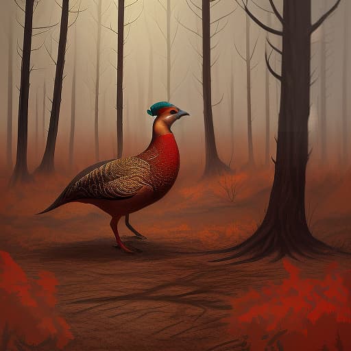  draw a pheasant in a completely burning forest. should be pronounced red, pheasant in the foreground, many trees, the most realistic style, cute , furry , expressive , by seth casteel , carli davidson , rachael hale mckenna, kaylee greer, sophie gamand