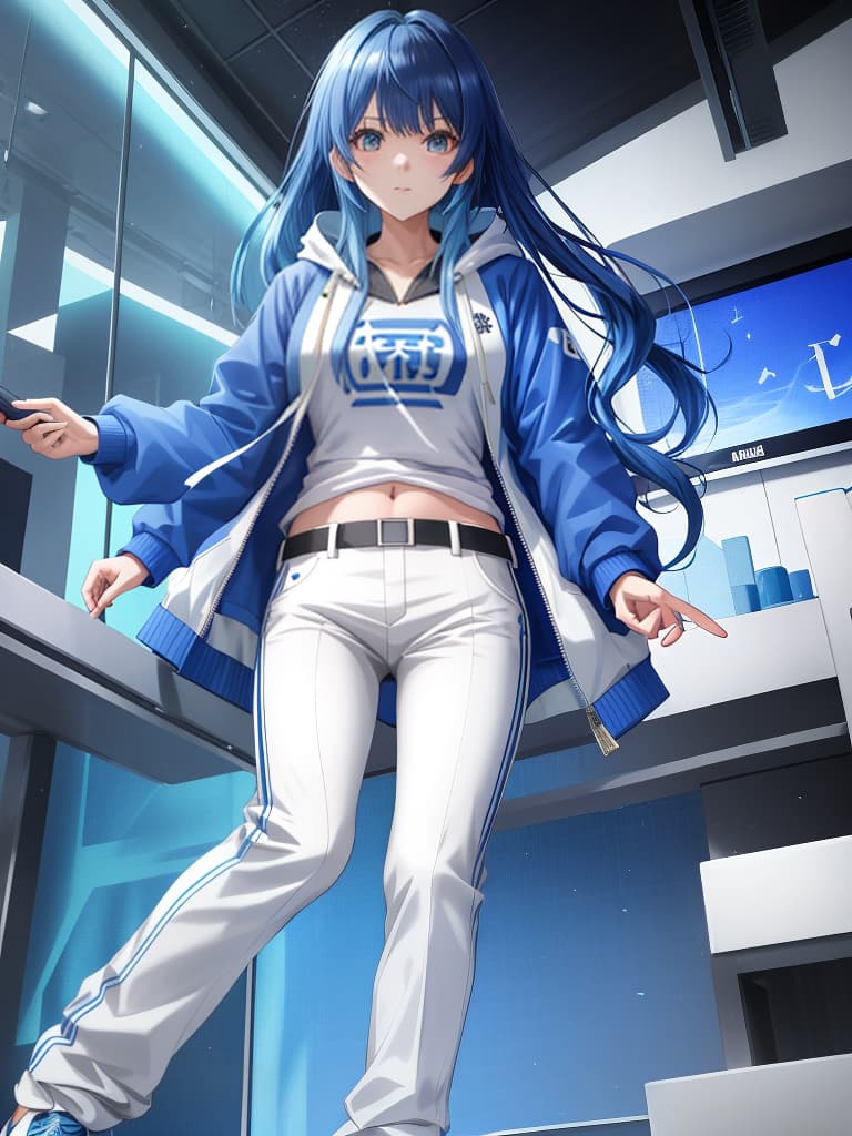  serizawa kasumi,super real mahjong p3,blue hair,medium long hair,blue clothes,white hoodie jacket,white shoot pants,